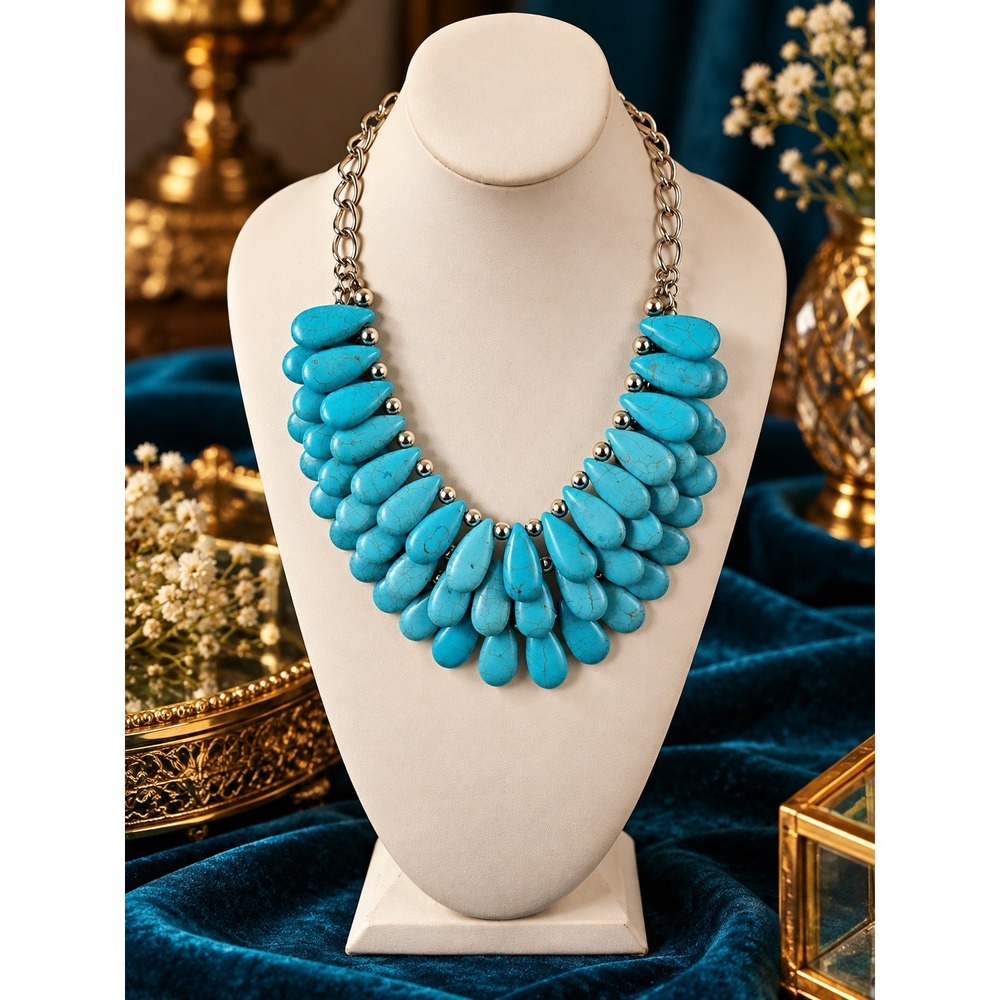 Turquoise Teardrop Bib Necklace Silver Tone Chunky Statement Jewelry